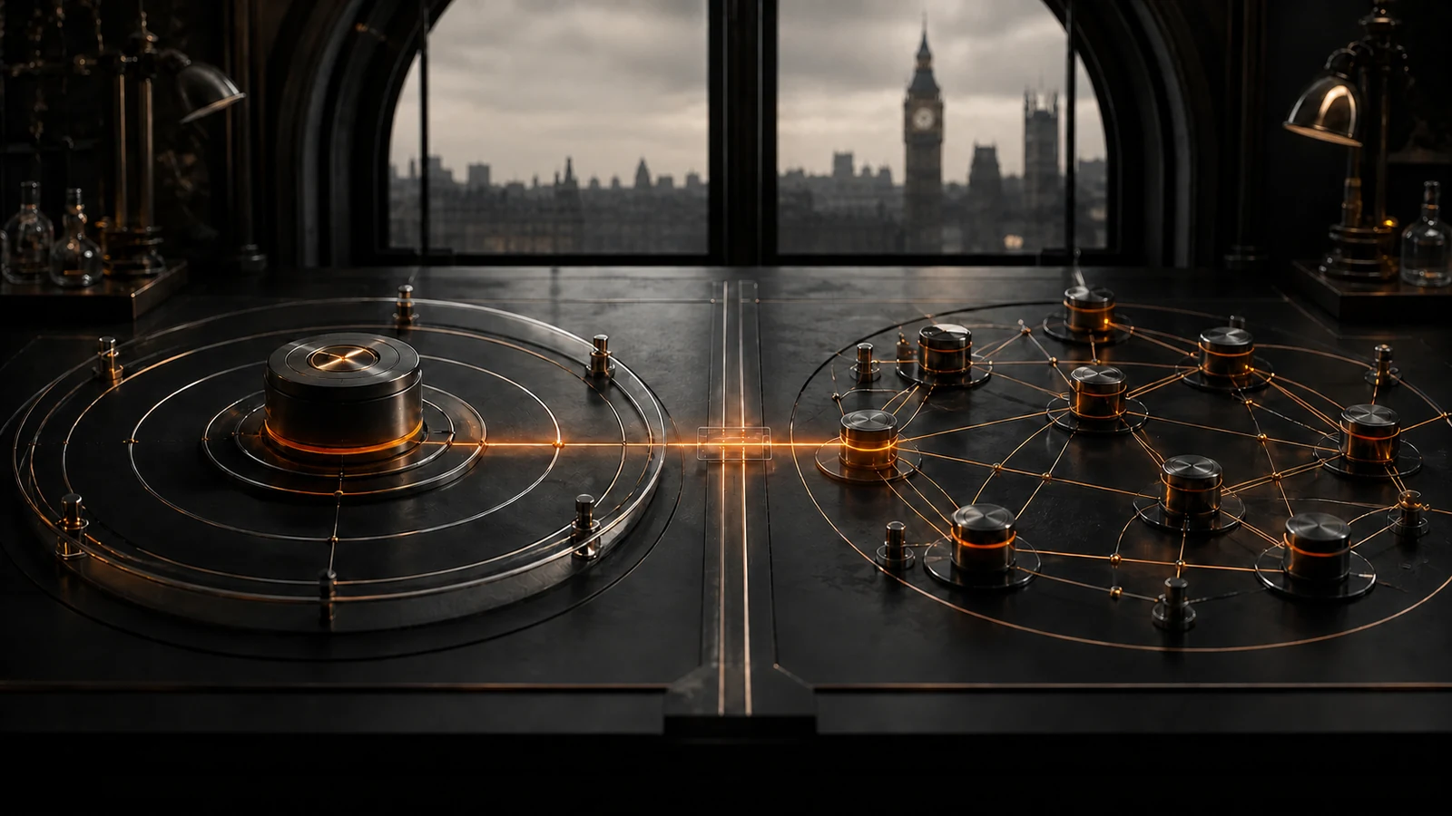 A central OpenClaw control core and a distributed Hermes agent network linked across a London signal room